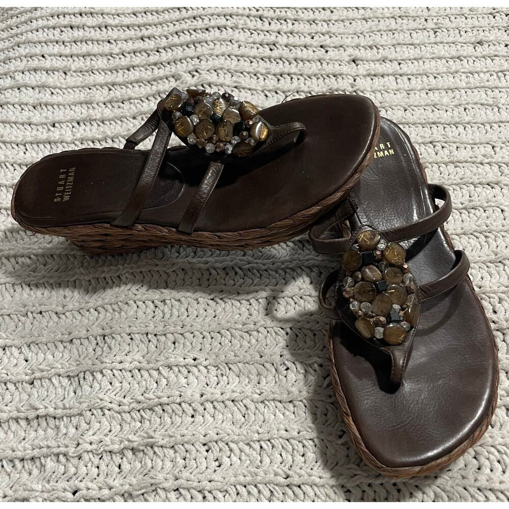 Stuart Weitzman Sandals Beaded Platform Woven Womens 7 M Brown Spain 45946 *Flaw